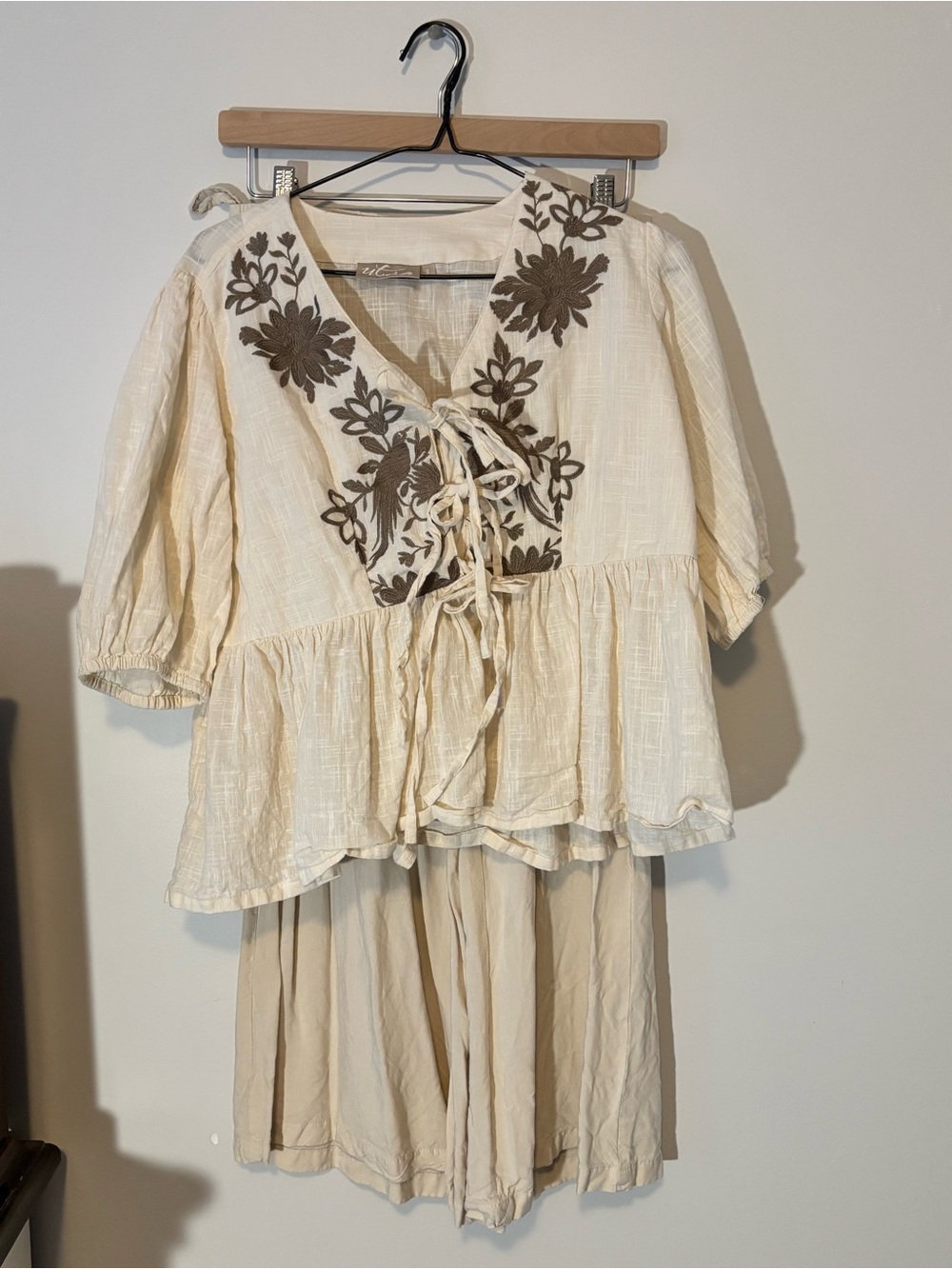 Boho Tie-Front Cream Embroidered Peasant Top and pants set